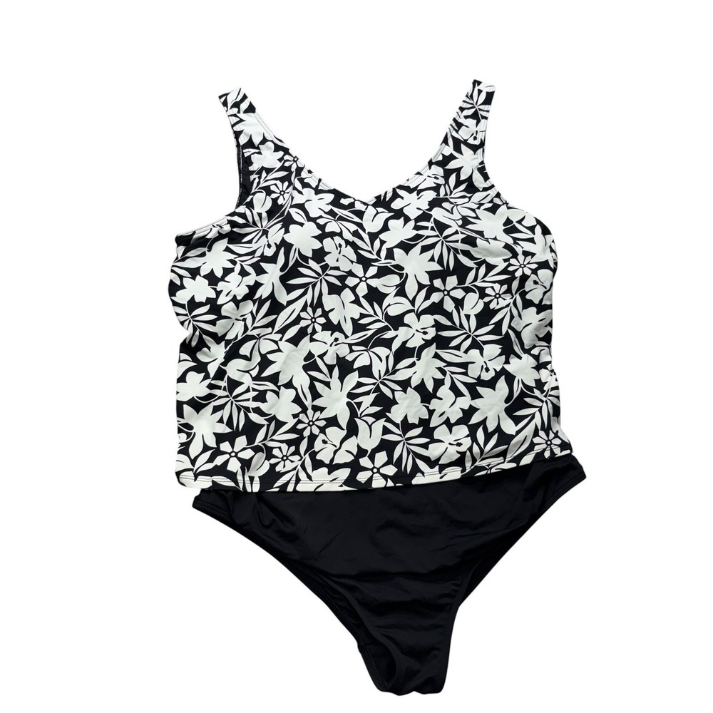 Lands End Womens Swimsuit XL Black White Floral One Piece Swim Modest